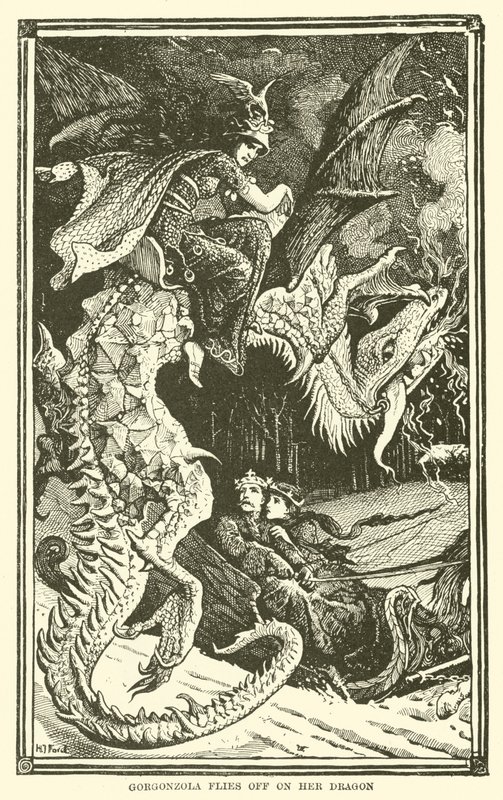 Gorgonzola fliegt auf ihrem Drachen davon (Gravur) von Henry Justice Ford