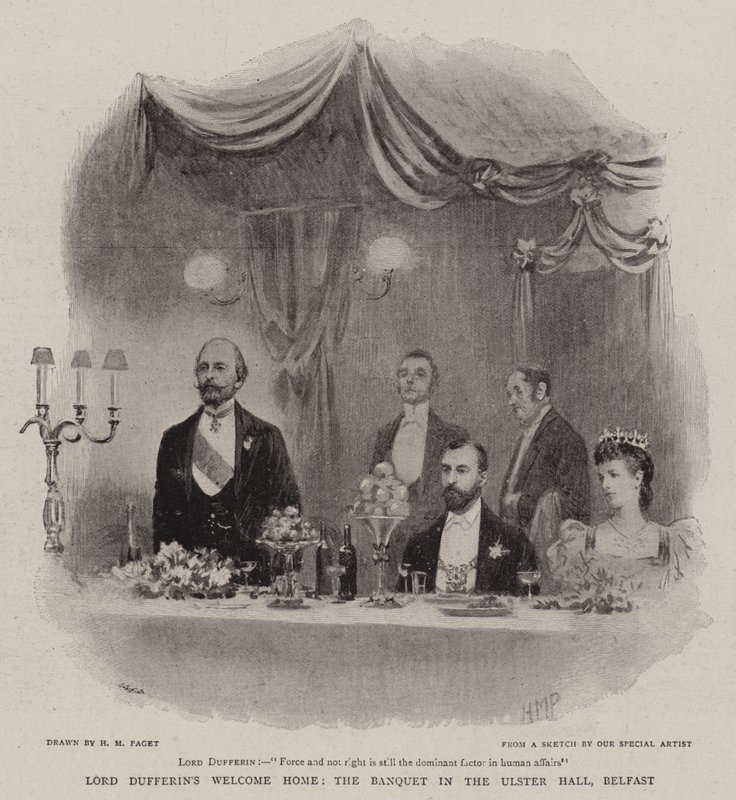 Lord Dufferins Willkommensfeier, das Bankett in der Ulster Hall, Belfast von Henry Marriott Paget