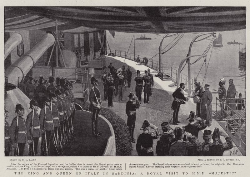 Der König und die Königin von Italien in Sardinien, ein königlicher Besuch auf der HMS Majestic von Henry Marriott Paget