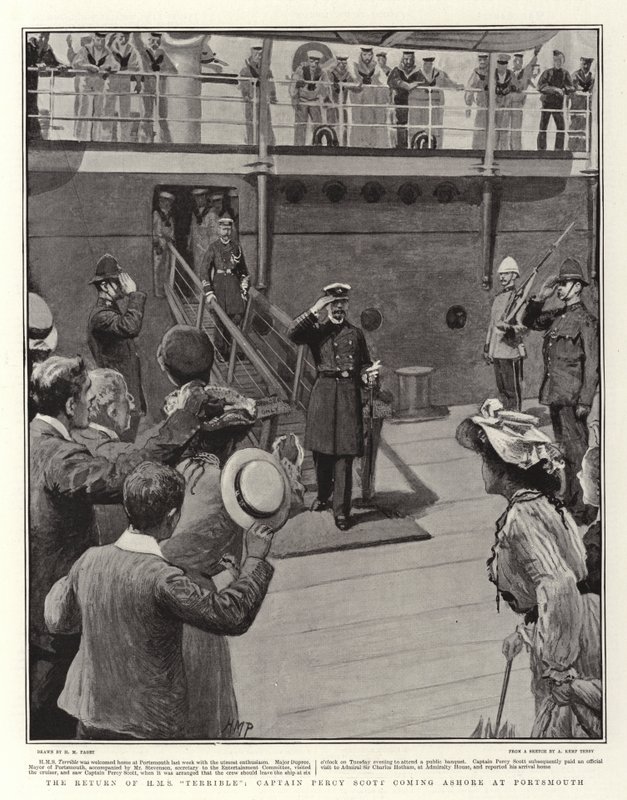 Die Rückkehr der HMS Terrible, Kapitän Percy Scott geht in Portsmouth an Land von Henry Marriott Paget