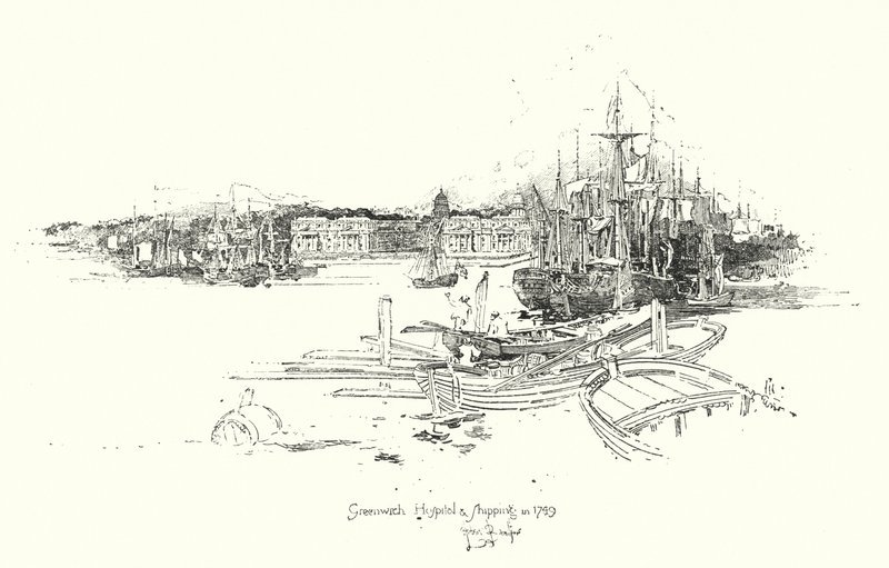 Greenwich Krankenhaus und Schiffe, im Jahr 1749 von Herbert (after) Railton