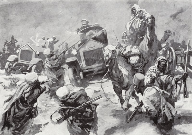 Der Herzog von Westminster und seine gepanzerten Autos eilen zur Rettung von schiffbrüchigen Besatzungen, die von den Senussi ergriffen wurden, Cyrenaika, Nordafrika, 17. März 1916 von Howard K. Elcock