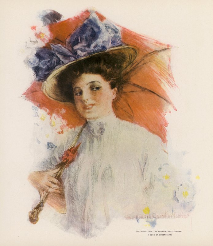 Junge Frau mit einem orangefarbenen Sonnenschirm von Howard Chandler (after) Christy