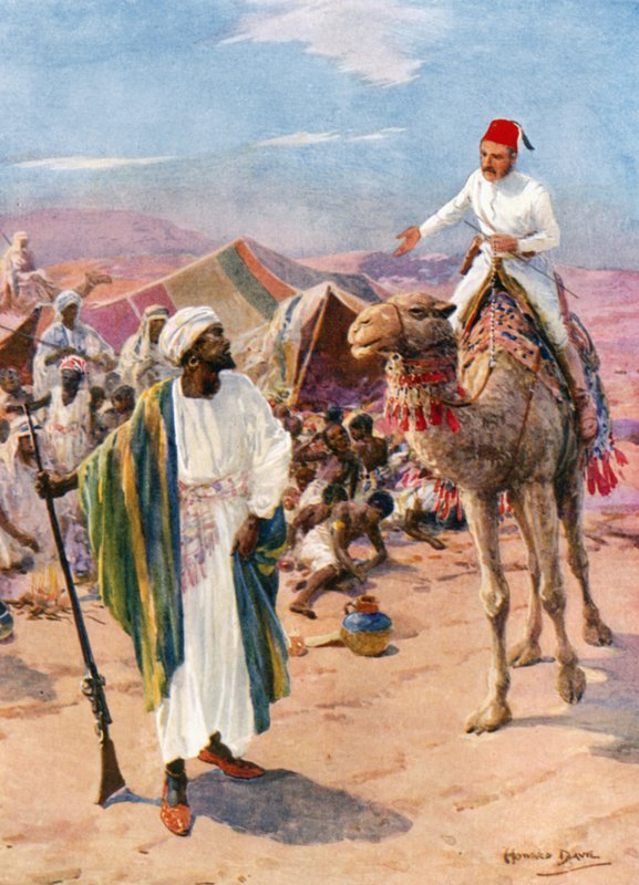 Allein und unbewaffnet ritt Gordon in das Lager der Sklavenhändler (Farblithographie) von Howard Davie