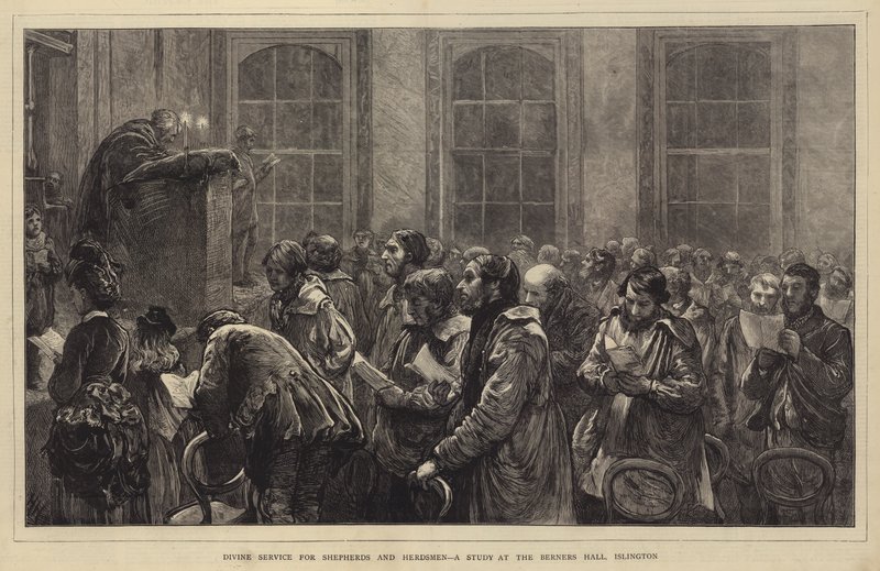 Gottesdienst für Hirten und Viehhirten, eine Studie in der Berners Hall, Islington von Hubert von Herkomer