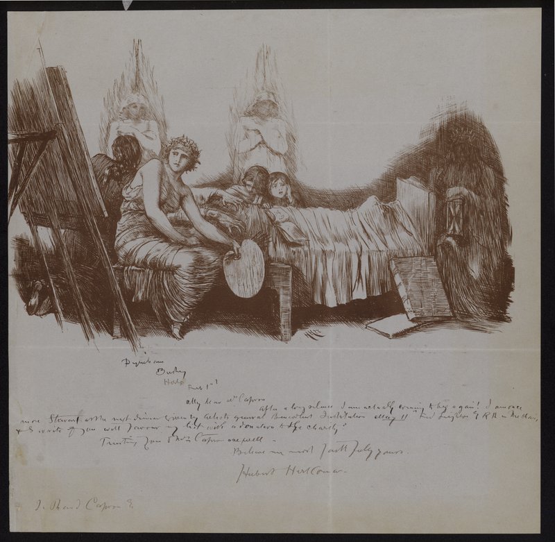Szene eines Sterbebetts mit Kindern und allegorischen Figuren, darunter ein Künstler mit Staffelei von Hubert von Herkomer