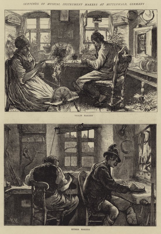 Skizzen von Musikinstrumentenbauern in Mittenwald, Deutschland von Hubert von Herkomer