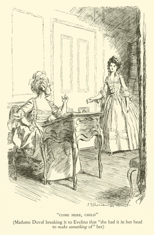 Komm her, Kind, Madame Duval erklärt Evelina, dass "sie vorhatte, etwas aus ihr zu machen" von Hugh Thomson