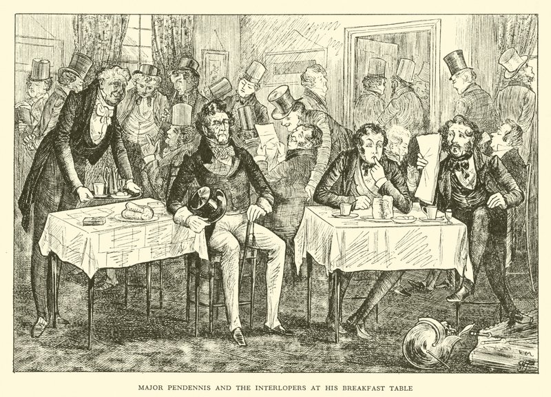 Major Pendennis und die Eindringlinge an seinem Frühstückstisch (Gravur) von Hugh Thomson