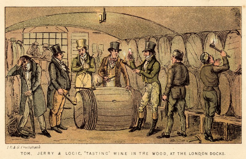 Tom, Jerry und Logic probieren Wein im Fass in den Londoner Docks von Isaac, Robert and George Cruikshank