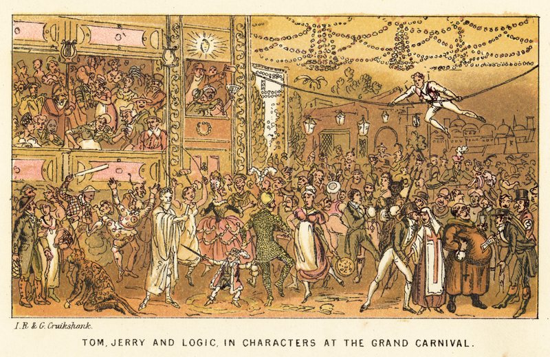 Tom, Jerry und Logic in Kostümen beim großen Karneval von Isaac, Robert and George Cruikshank
