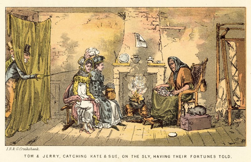 Tom und Jerry erwischen Kate und Sue heimlich beim Wahrsagen von Isaac, Robert and George Cruikshank