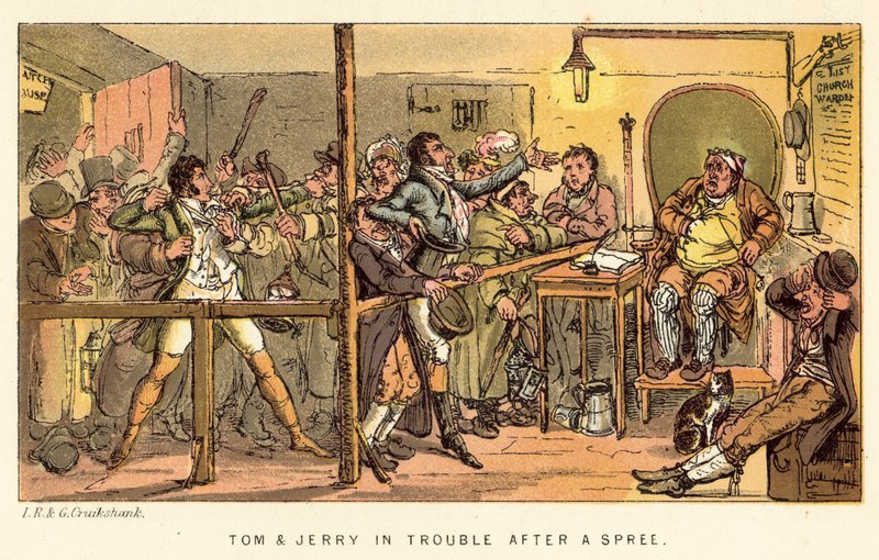 Tom und Jerry in Schwierigkeiten nach einem Gelage von Isaac, Robert and George Cruikshank