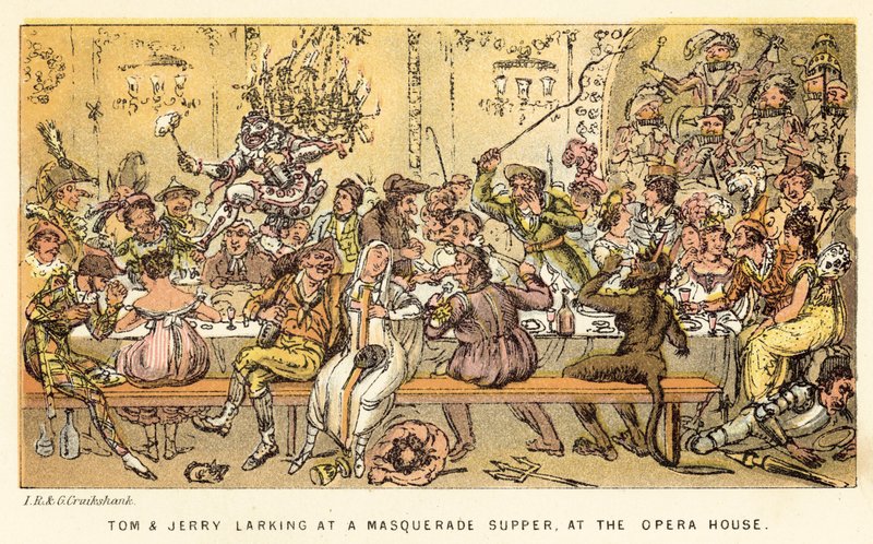 Tom und Jerry beim Maskenball-Supper im Opernhaus von Isaac, Robert and George Cruikshank