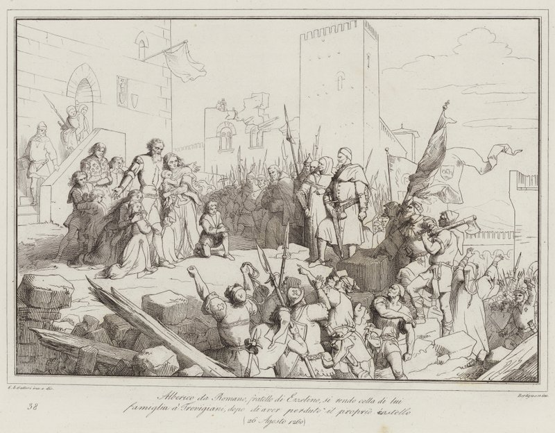 Alberico da Romano, Bruder von Ezzelino, ergibt sich mit seiner Familie den Trevisanern (Gravur) von Italian School