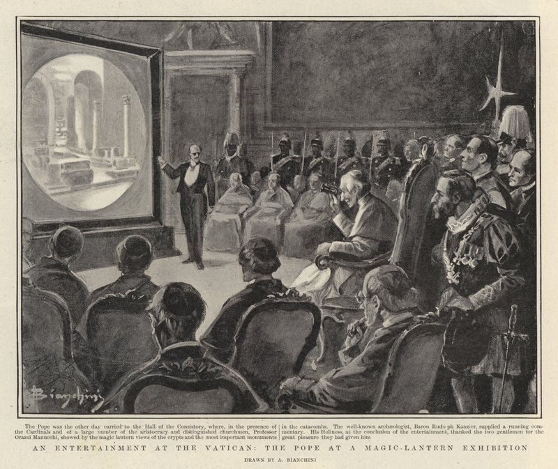 Eine Unterhaltung im Vatikan, der Papst bei einer Laterna-Magica-Ausstellung von Italian School