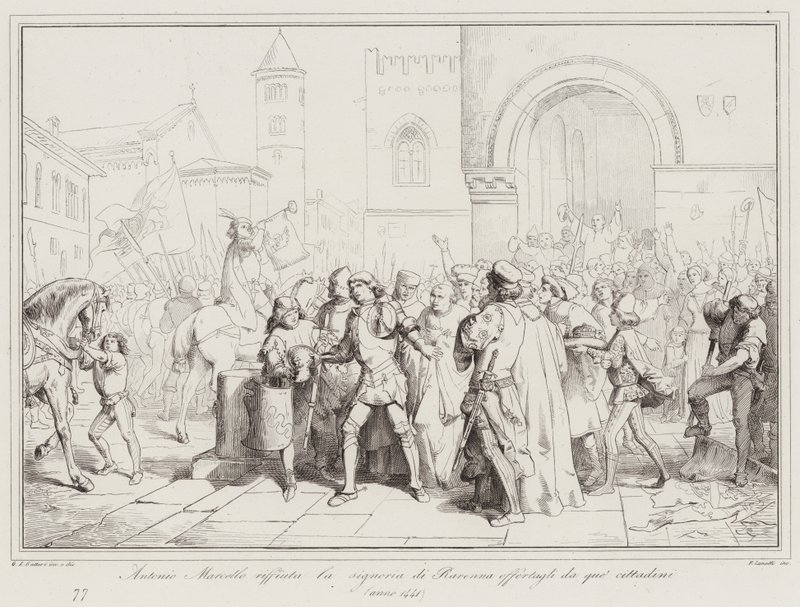 Antonio Marcello lehnt die Herrschaft von Ravenna ab, die ihm von den Bürgern angeboten wurde von Italian School
