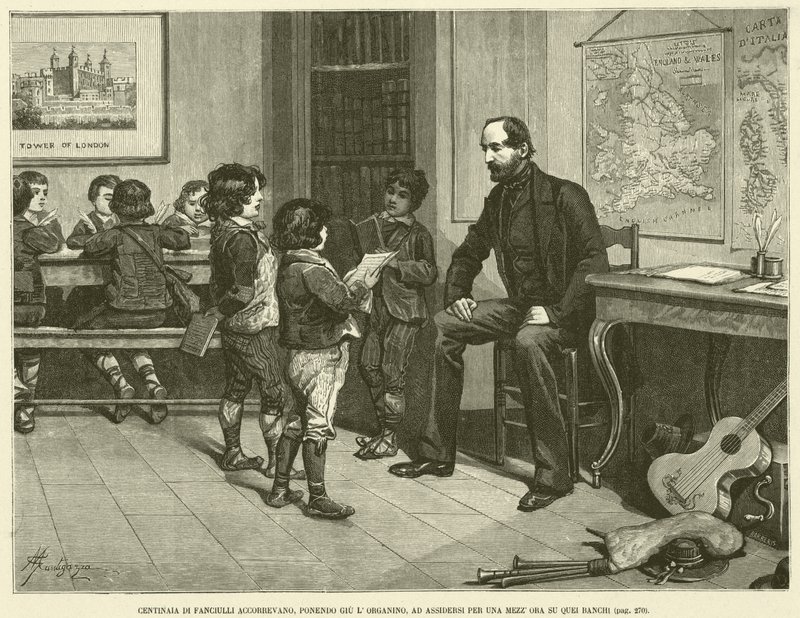 Hunderte von Kindern eilten herbei, legten das Orgelspiel nieder und setzten sich für eine halbe Stunde auf diese Bänke (Gravur) von Italian School