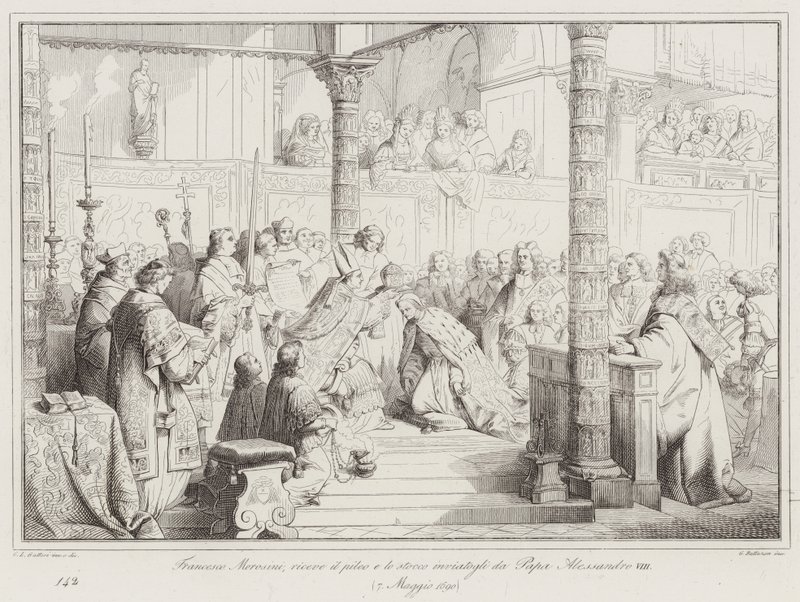 Francesco Morosini erhält den Pileus und das Schwert, die ihm von Papst Alexander VIII. gesandt wurden von Italian School
