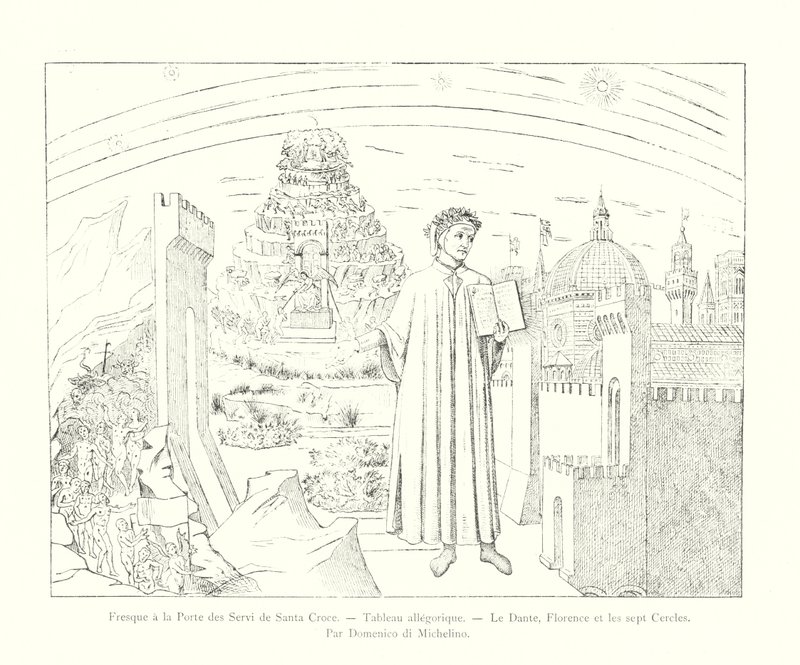 Fresko an der Porta dei Servi von Santa Croce, Allegorisches Bild, Dante, Florenz und die sieben Kreise, von Domenico di Michelino (Gravur) von Italian School