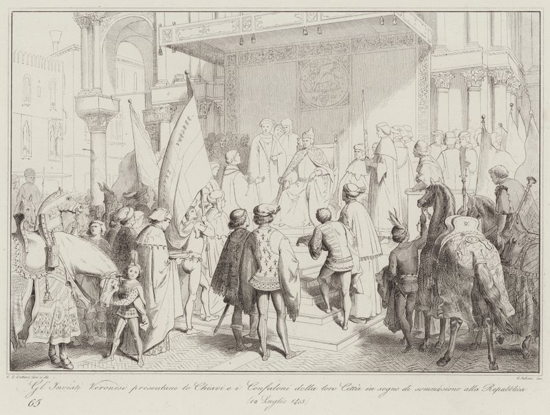 Die Veroneser Gesandten überreichen die Schlüssel und Standarten ihrer Stadt als Zeichen der Unterwerfung (Gravur) von Italian School