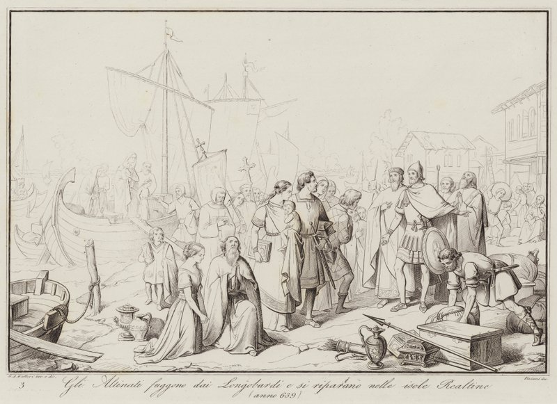 Die Altinati fliehen vor den Langobarden und suchen Zuflucht auf den Realtine-Inseln, 639 (Gravur) von Italian School