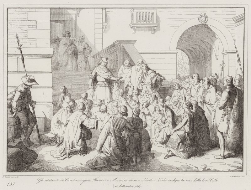 Die Bewohner von Candia bitten Francesco Morosini, sie nach der Kapitulation ihrer Stadt nach Venedig zu bringen von Italian School