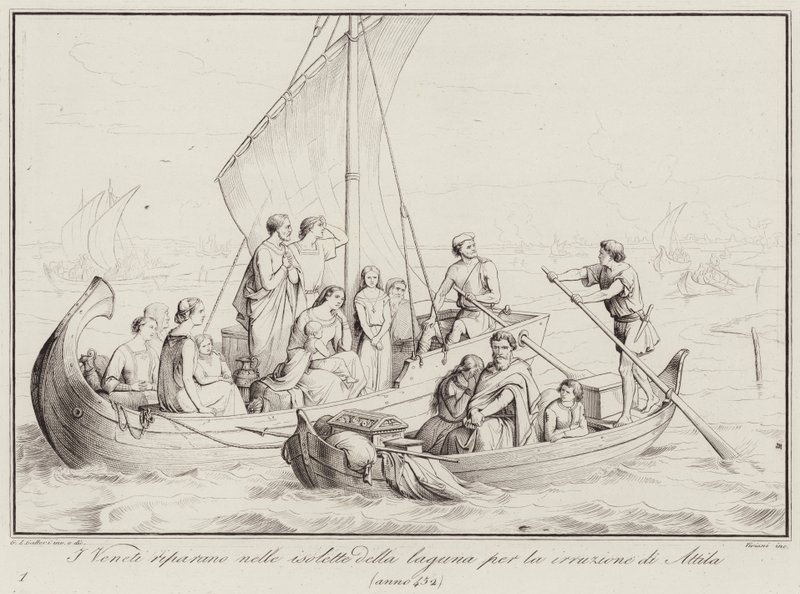 Die Venezianer fliehen auf die Inseln der Lagune vor dem Einfall Attilas, 452 (Gravur) von Italian School