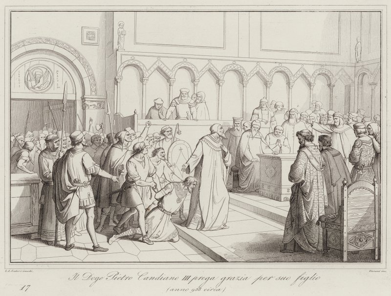 Il Doge Pietro Candiano III prega grazia per suo figlio, 958 von Italian School