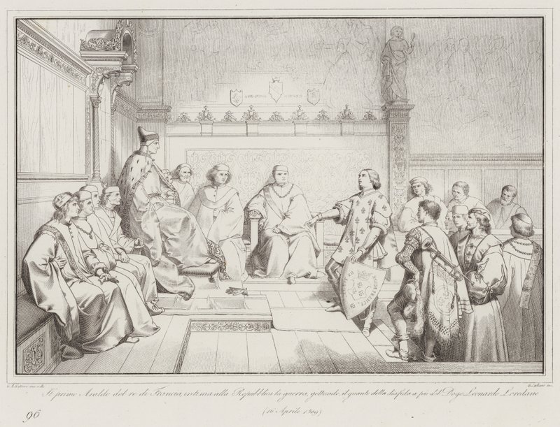 Der erste Herold des Königs von Frankreich erklärt der Republik den Krieg, indem er den Handschuh wirft (Gravur) von Italian School