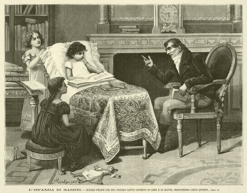 Die Kindheit von Mazzini, hier glücklich mit seinem kleinen Bett bedeckt mit Büchern und Karten, bestimmte Fragen stellend (Gravur) von Italian School