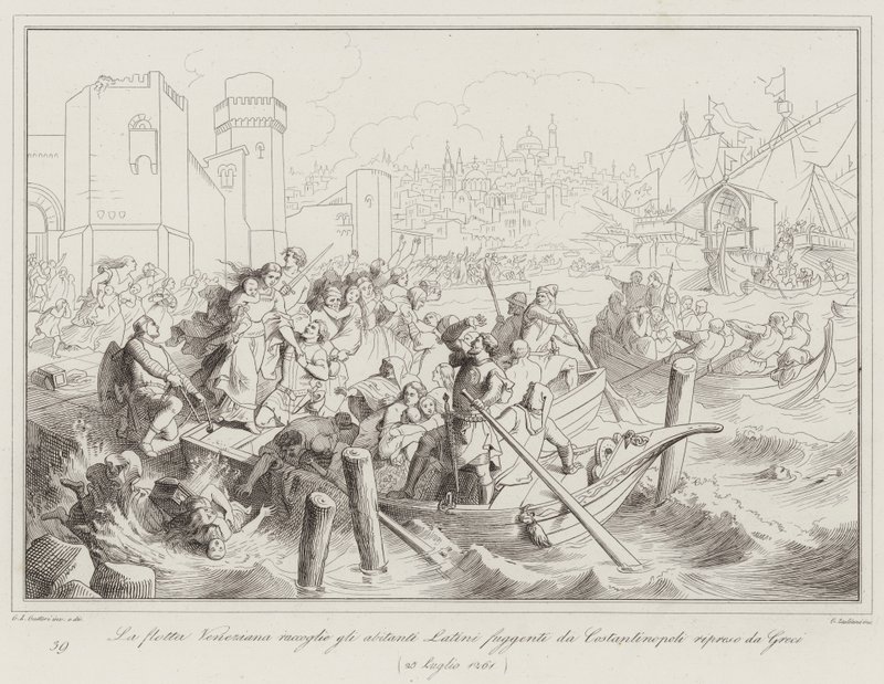 Die venezianische Flotte sammelt die lateinischen Bewohner, die vor den Griechen aus Konstantinopel fliehen von Italian School
