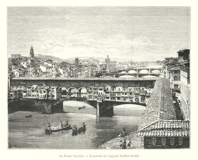 Die Ponte Vecchio, erbaut 1345 von Taddeo Gaddi (Gravur) von Italian School