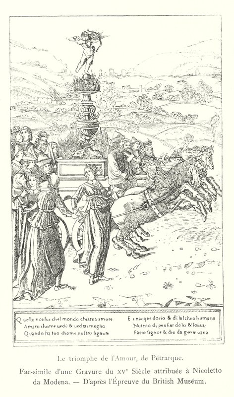 Der Triumph der Liebe, von Petrarca, Faksimile einer Gravur aus dem 15. Jahrhundert, zugeschrieben Nicoletto da Modena, nach dem Exemplar des British Museum (Gravur) von Italian School