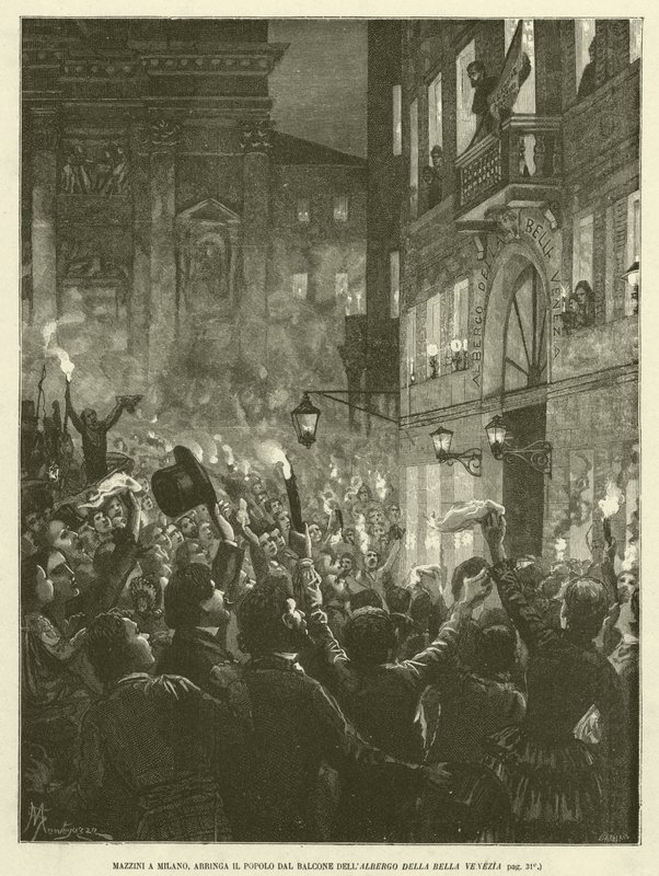 Mazzini in Mailand, spricht das Volk vom Balkon des Albergo della Bella Venezia an (Gravur) von Italian School