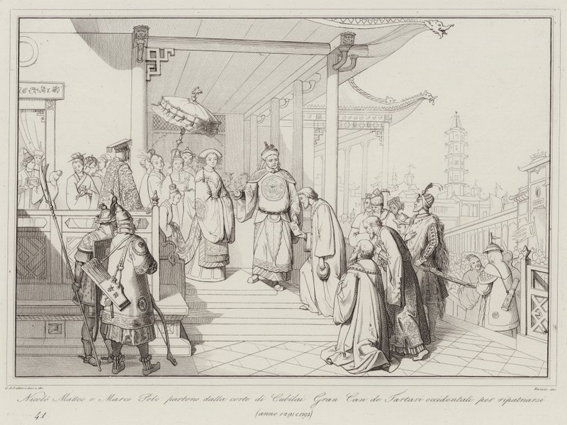 Nicolo Matteo und Marco Polo verlassen den Hof von Kubilai, dem Großkhan der westlichen Tataren, um in ihre Heimat zurückzukehren von Italian School