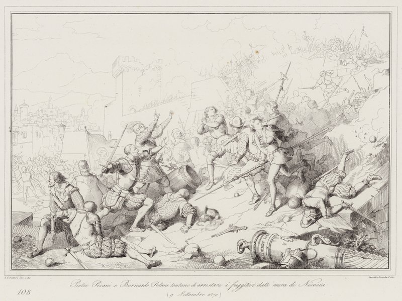 Pietro Pisani und Bernardo Polani versuchen, die Flüchtigen von den Mauern von Nikosia zu stoppen von Italian School