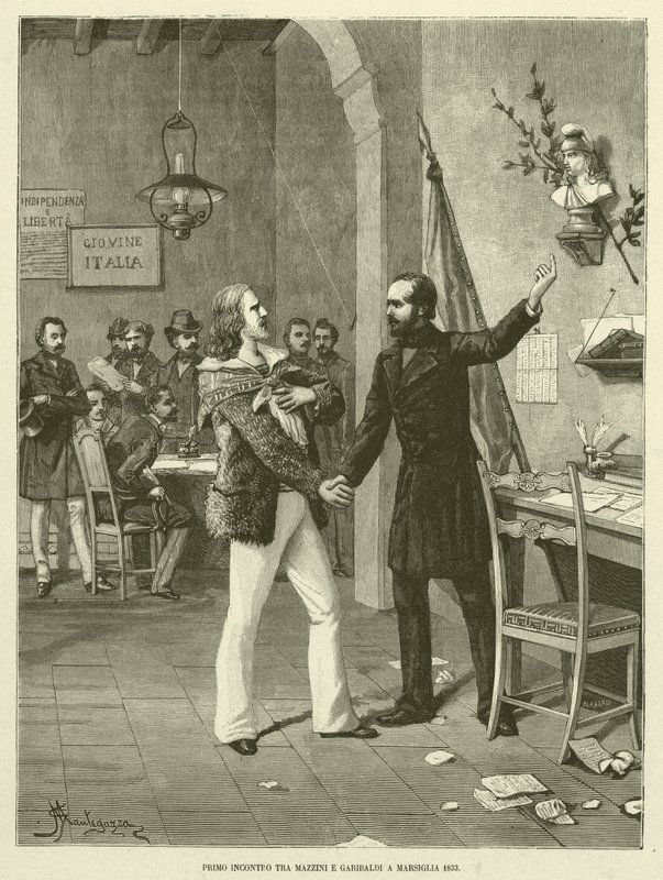 Erstes Treffen zwischen Mazzini und Garibaldi in Marseille 1833 (Gravur) von Italian School