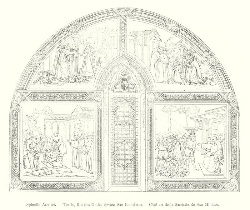 Spinello Aretino, Totila, König der Goten, vor San Benedetto, Ostseite der Sakristei von San Miniato (Gravur) von Italian School