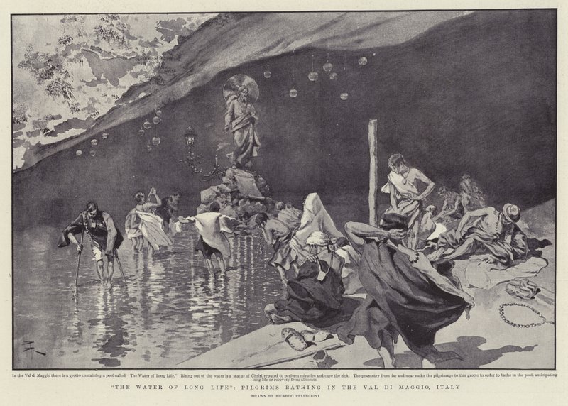 "Das Wasser des langen Lebens", Pilger baden im Val di Maggio, Italien von Italian School