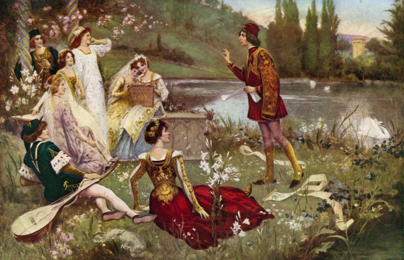 Das Erzählen einer der Decameron-Geschichten von Italian School
