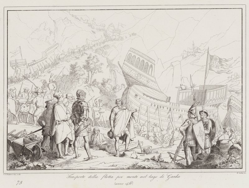 Transport der Flotte über die Berge zum Gardasee von Italian School