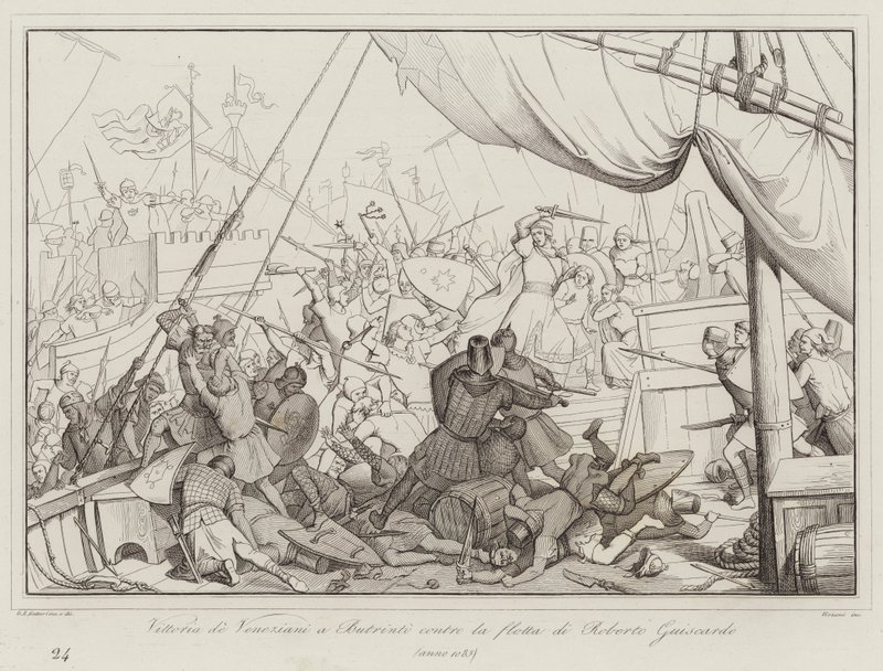 Sieg der Venezianer bei Butrinto gegen die Flotte von Roberto Guiscardo von Italian School