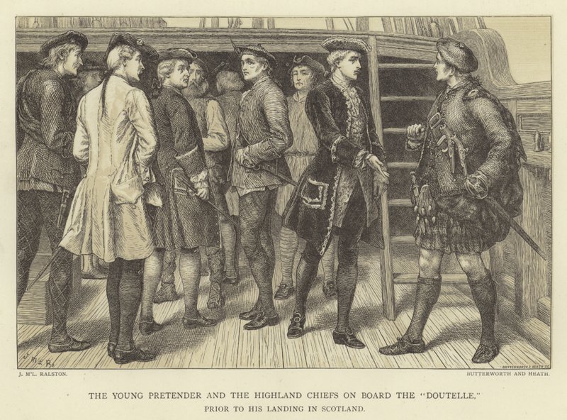 Der junge Prätendent und die Highland Chiefs an Bord der Doutelle vor seiner Landung in Schottland von J.M.L. Ralston