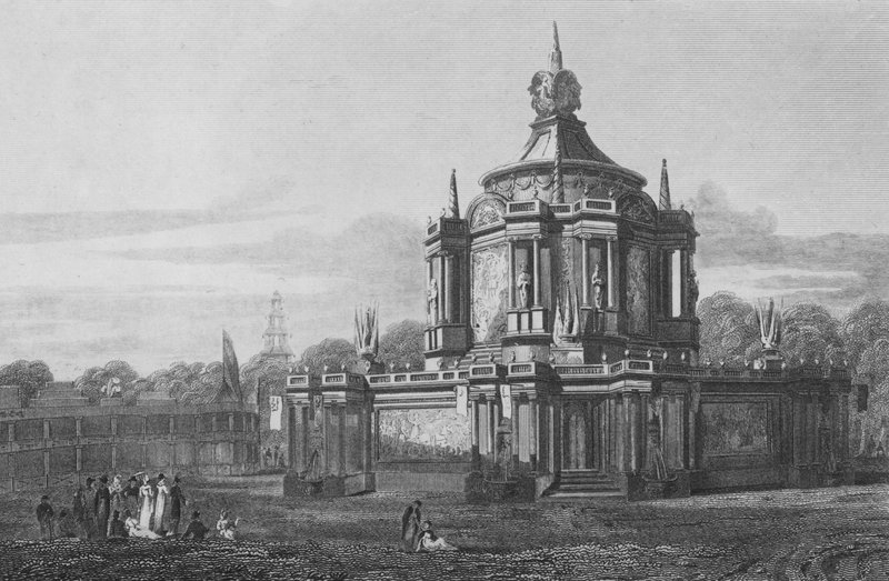 Tempel der Eintracht, im Green Park, Middlesex, wie er am 1. August 1814 erschien von John Preston Neale