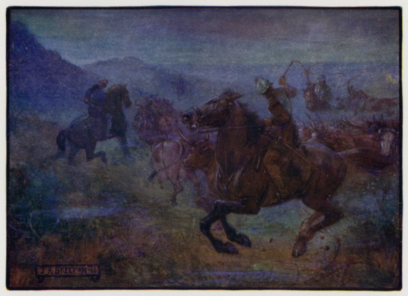 Überfall in den anglo-schottischen Grenzgebieten durch Border Reivers, frühes 16. Jahrhundert von J. R. Skelton