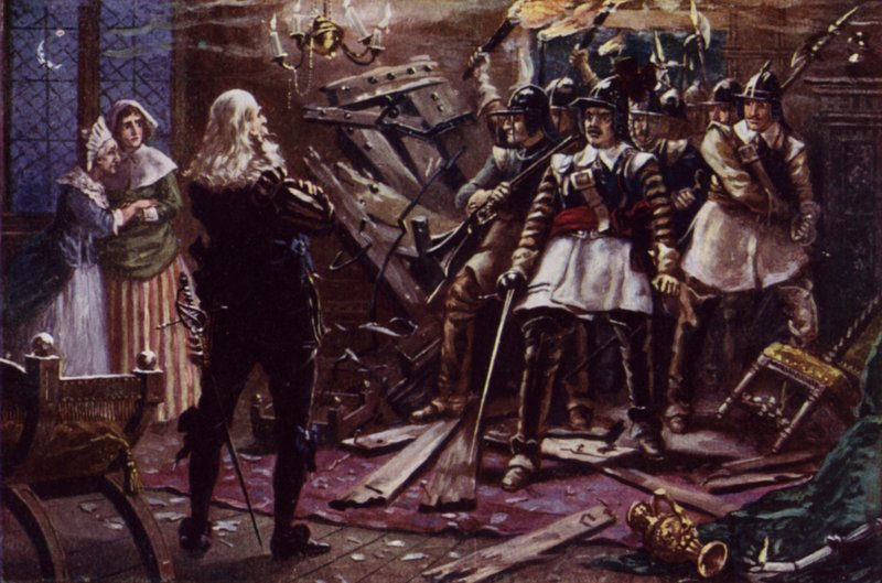 Oliver Cromwells parlamentarische Soldaten brechen in das Haus eines Unterstützers von König Karl I. ein von J. Williamson