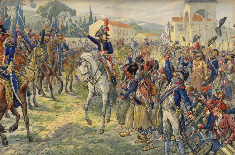 Napoleon Bonaparte bei seiner Ankunft in der besetzten Stadt Nizza von Jacques Marie Gaston Onfray de Breville (Job)