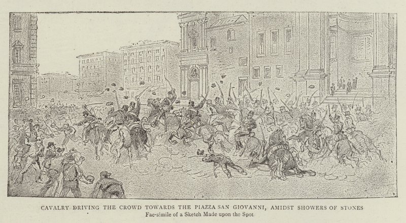 Kavallerie treibt die Menge in Richtung Piazza San Giovanni, unter Steinhagel von James A. Shearman