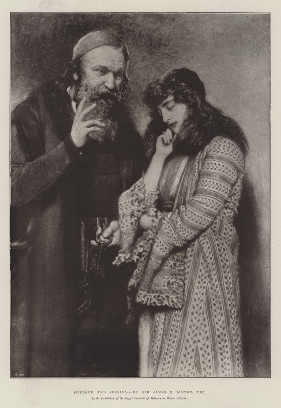 Shylock und Jessica, in der Ausstellung des Royal Institute of Painters in Water Colours von James Dromgole Linton